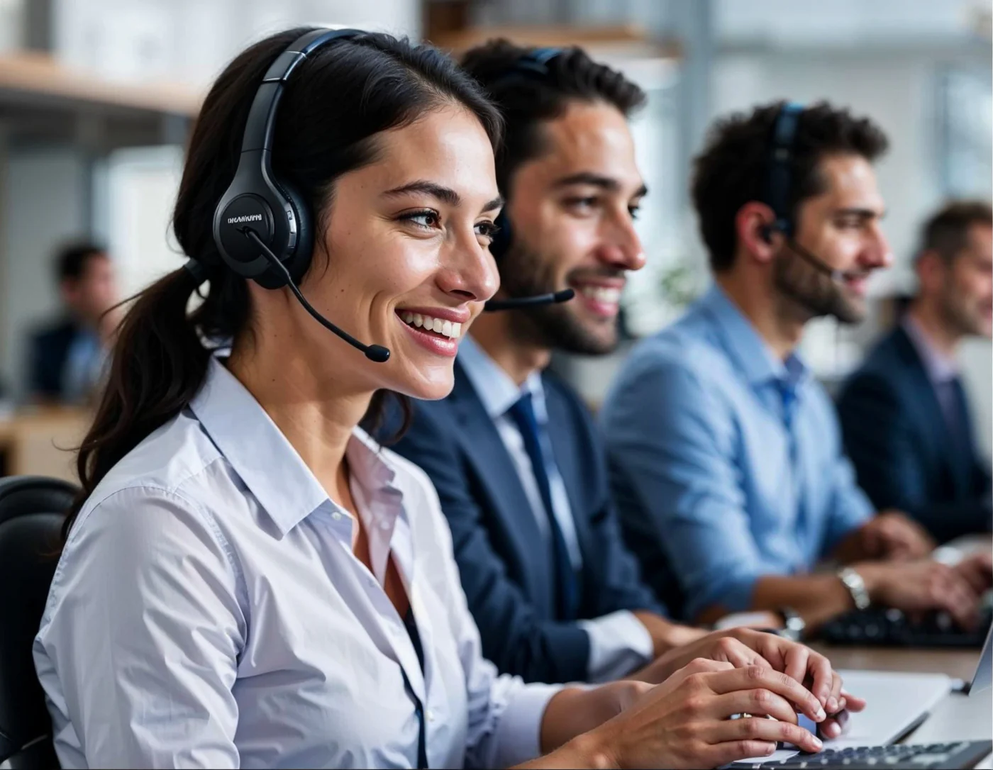 Smiling customer support agents wearing headsets