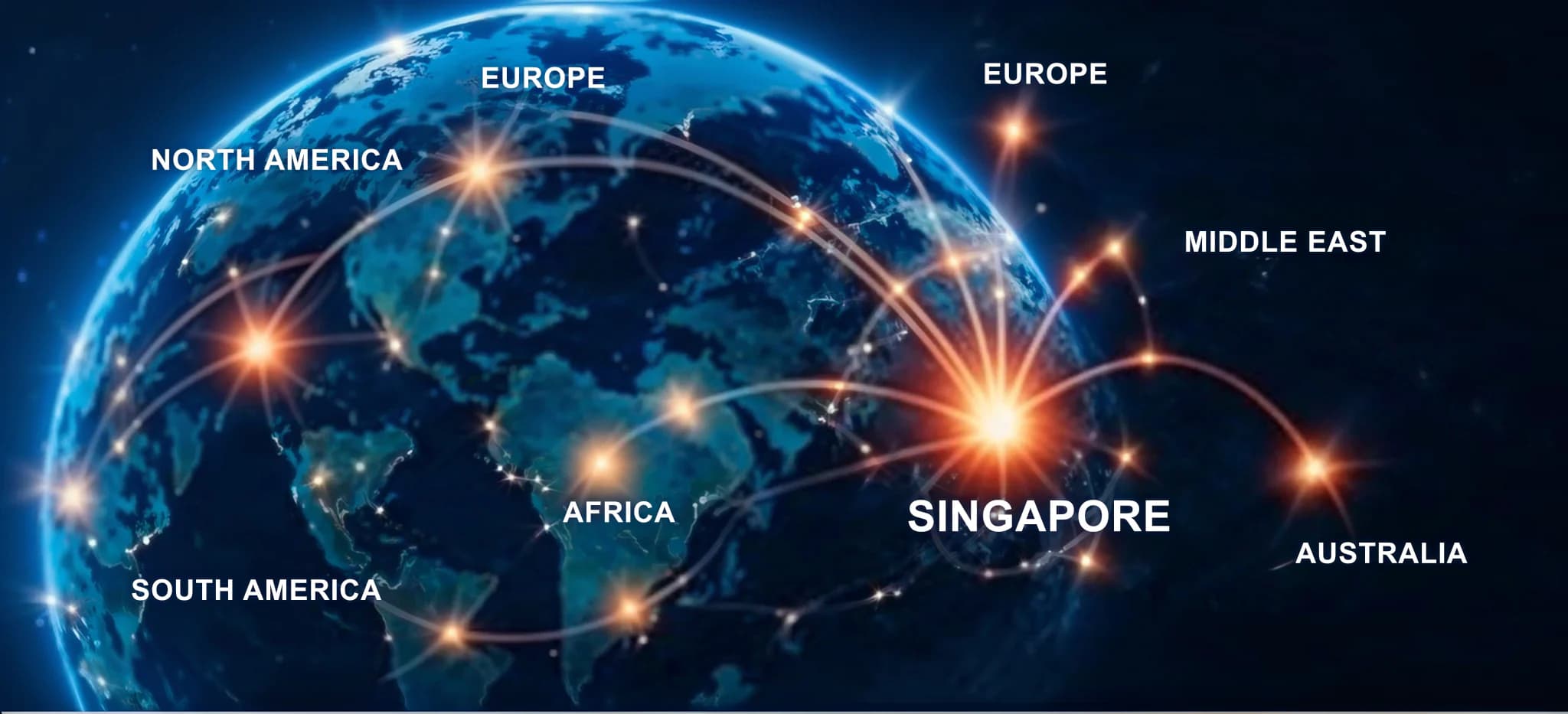 Glowing globe with delivery routes connecting Singapore to North America, South America, Europe, the Middle East, Africa and Australia