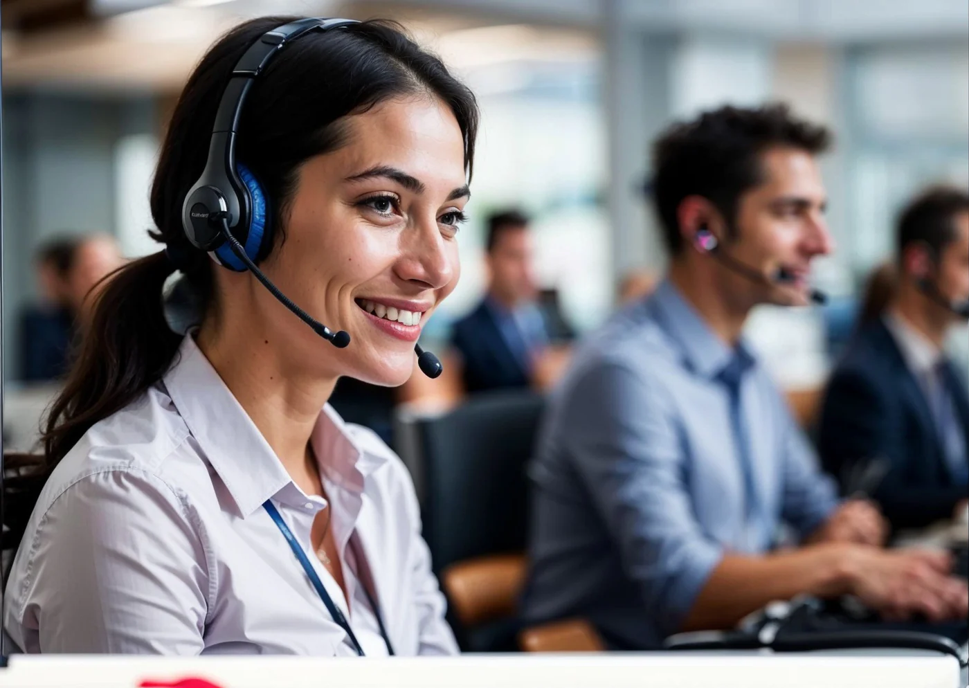 Customer support agent with a headset in a busy office