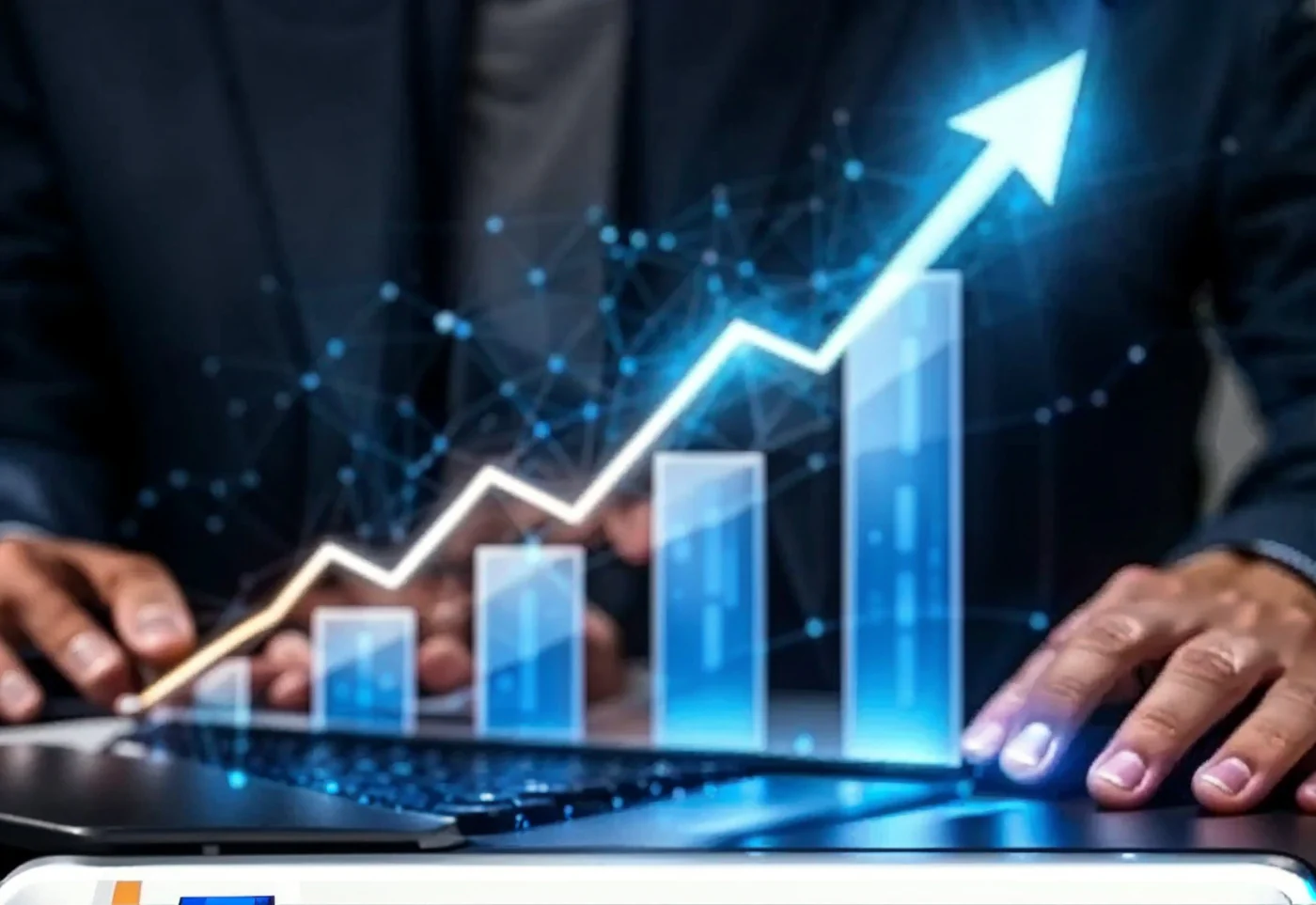 Hand on a laptop with a glowing upward growth chart