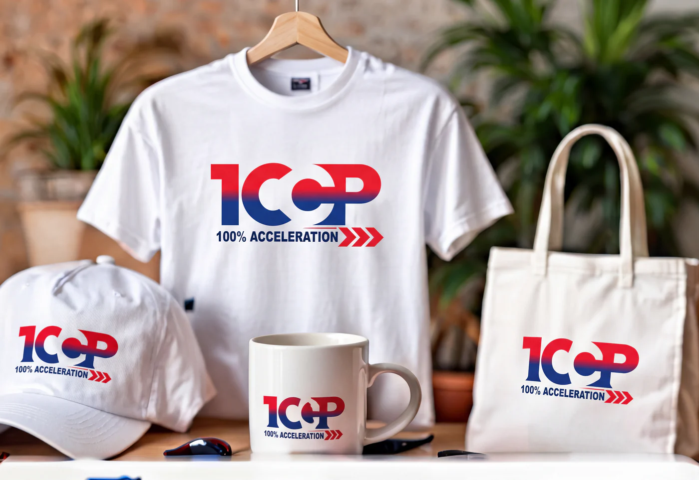 100 CP branded t-shirt, caps, mug and tote bag