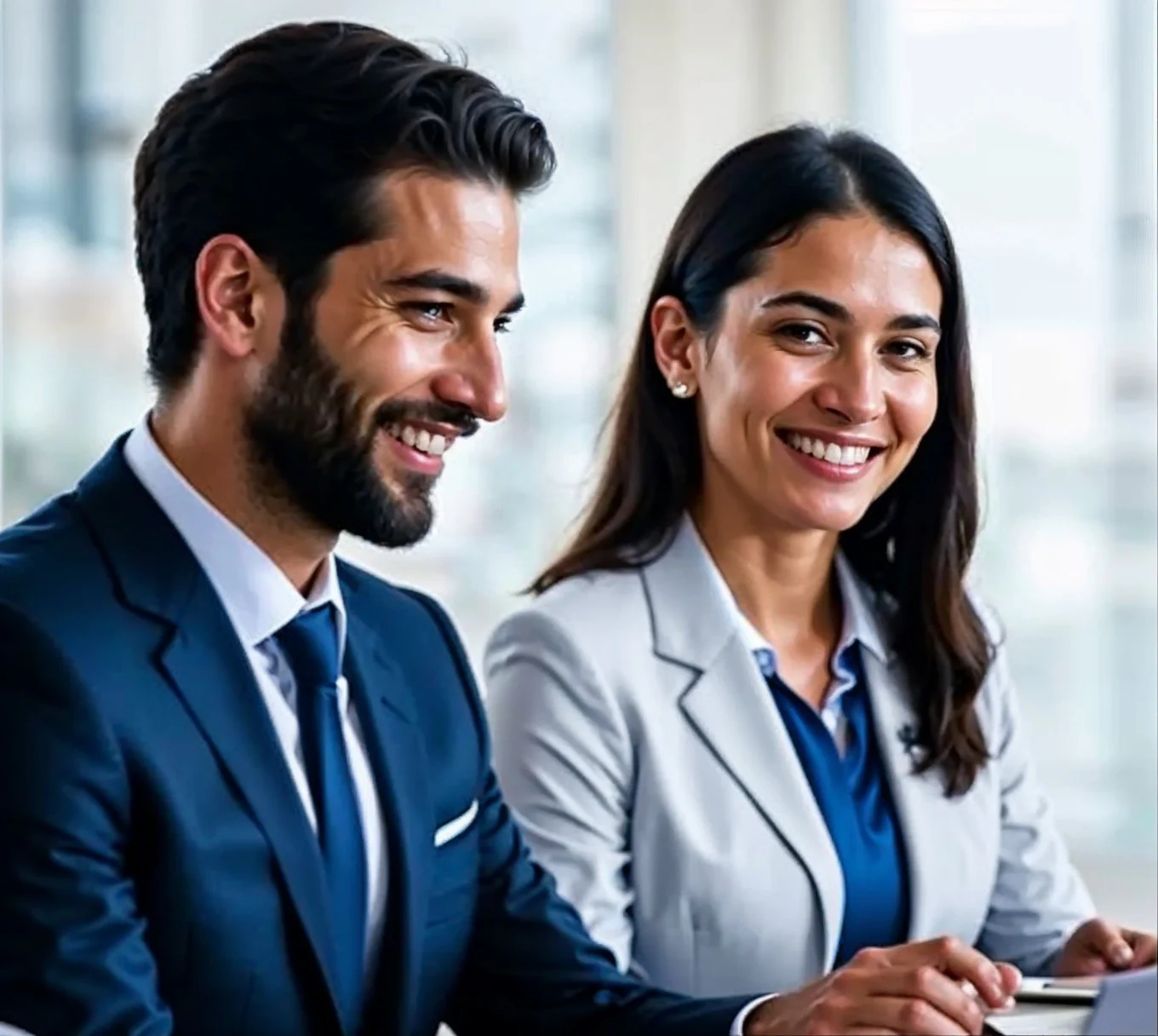 Two smiling professionals working together at a desk