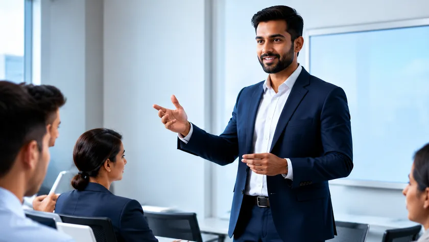 Presenter leading a training session for business professionals